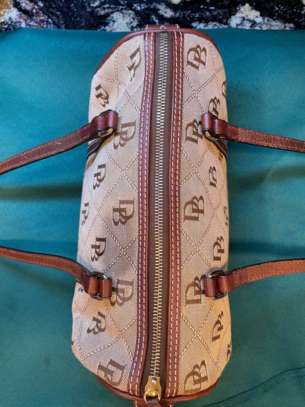 Dooney & Bourke Beige and Brown Monogram Barrel Shoulder Bag - Picture 4 of 11